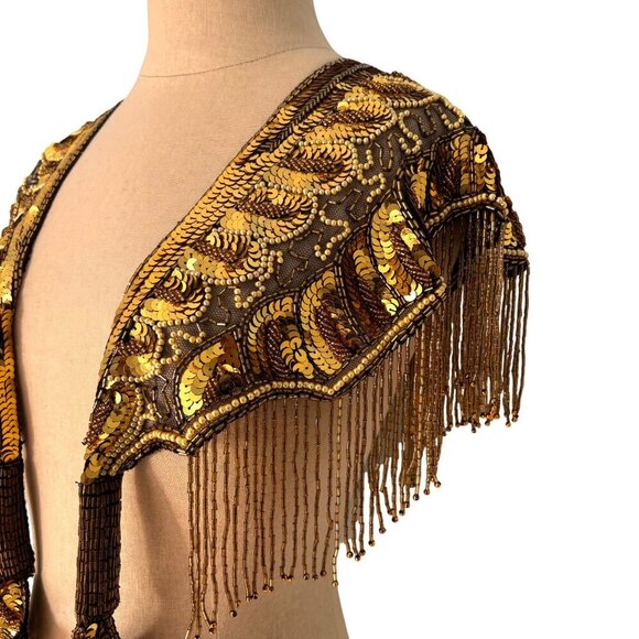 Vintage 1970s Gold Bead & Fringe Chiffon Capelet Shawl Sequin Wrap Scarf - Picture 6 of 8